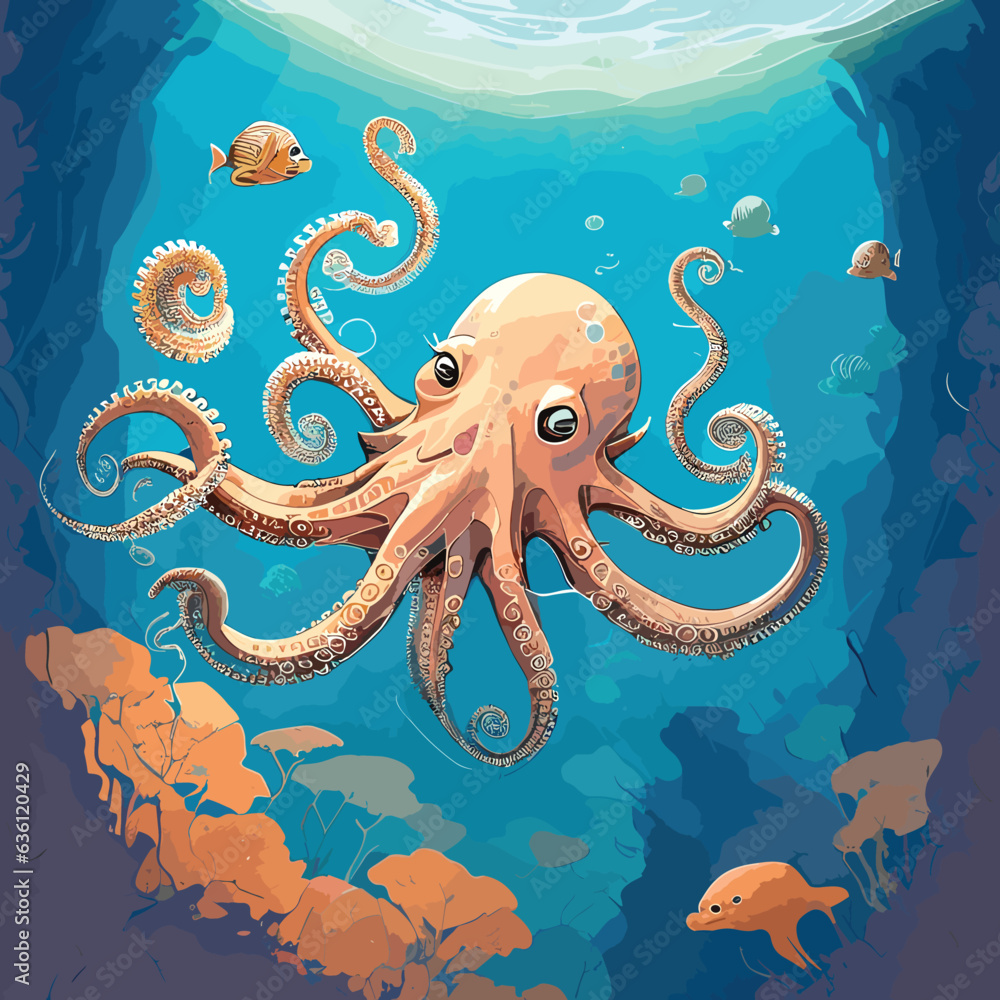 A curious octopus exploring the ocean floor. A curious octopus exploring the ocean floor.