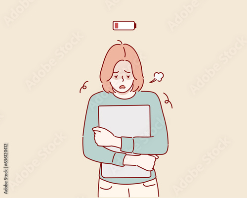 Tired  student walking with Low power symbol. Hand drawn style vector design illustrations.