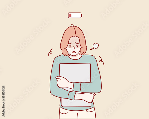 Tired  student walking with Low power symbol. Hand drawn style vector design illustrations.