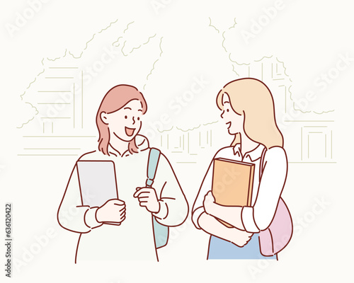 Young student going to college class, walking trough university campus. Hand drawn style vector design illustrations.