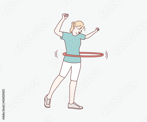 A young woman doing exercise with a hula-hoop. Fitness woman. Hand drawn style vector design illustrations.