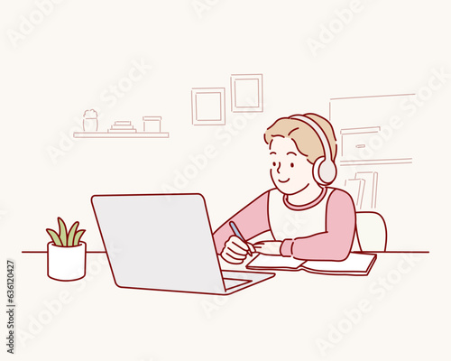 Positive teenager having video conference on laptop with teacher from home. Hand drawn style vector design illustrations.