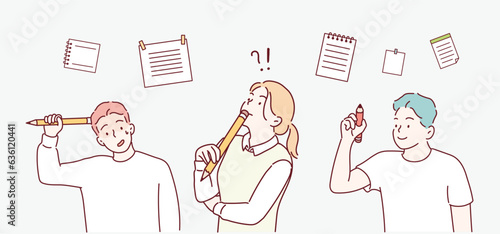 People writing, hold pencils and pens in hands. Set of writers, journalists, editors, copywriters, creators drawing. Hand drawn style vector design illustrations.