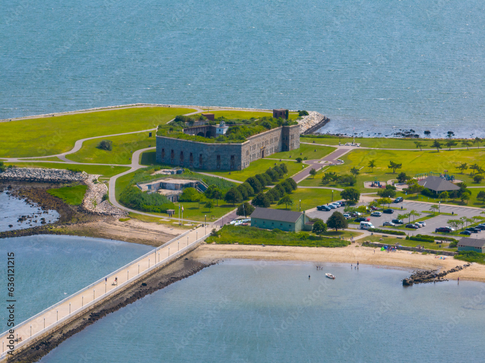 Fort Rodman and Clarks Point Lighthouse aerial view at Fort Taber Park at the mouth of Acushnet River at harbor of New Bedford, Massachusetts MA, USA. 