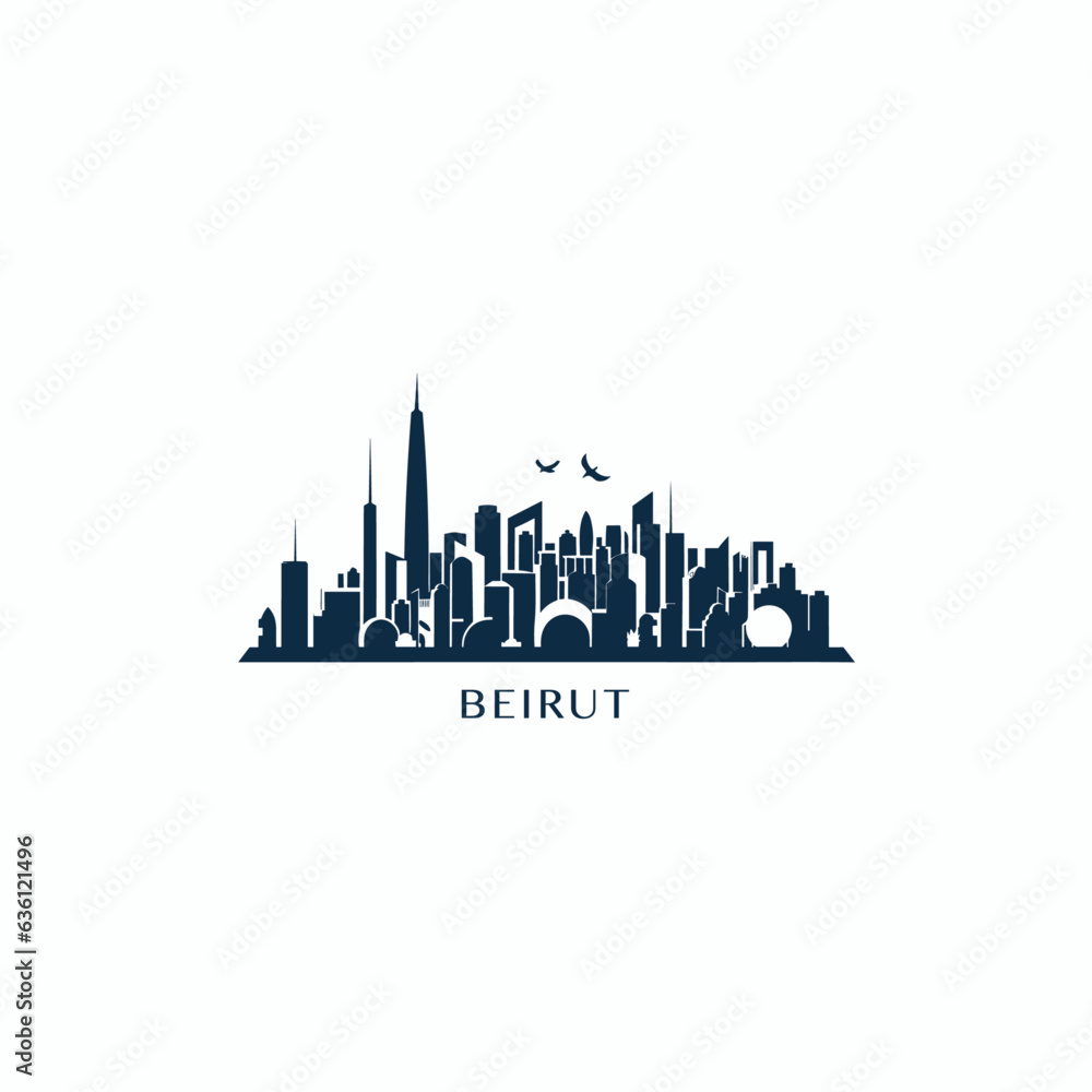 Naklejka premium Lebanon Beirut cityscape skyline city panorama vector flat modern logo icon. Levant region emblem idea with landmarks and building silhouettes, isolated graphic 