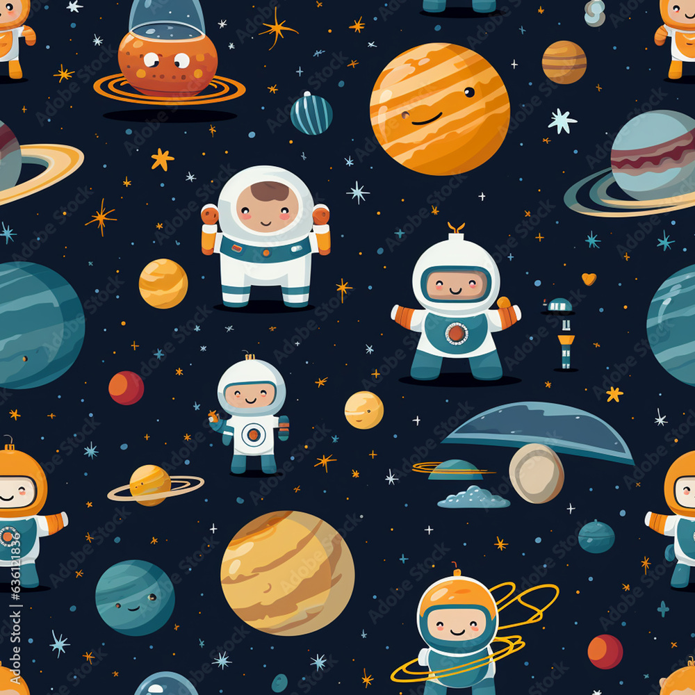 Kids seamless pattern star space astronaut and rockets on black background patterns with characters Kids seamless pattern star space astronaut and rockets on black background patterns with characters