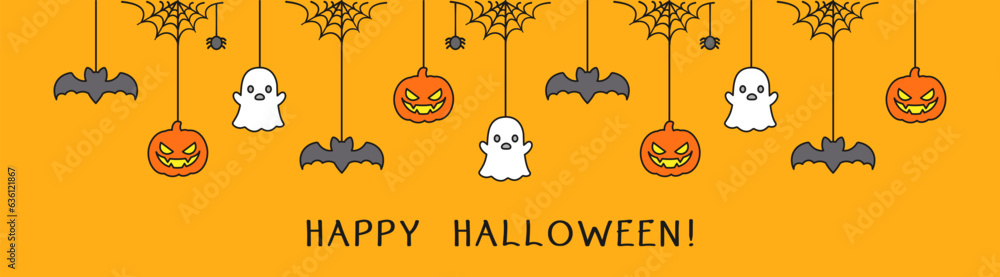 Happy Halloween banner or border with bats, ghost and jack o lantern pumpkins. Hanging Spooky Ornaments Decoration Vector illustration, trick or treat party invitation