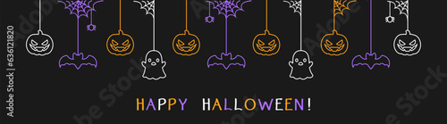 Happy Halloween banner or border with bats, ghost and jack o lantern pumpkins. Glowing Hanging Spooky Ornaments Decoration Vector illustration, trick or treat party invitation