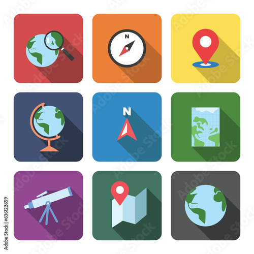 Vector set of Geography icons flat style with long shadow. Earth globe, compass, location, direction, telescope, atlas map vector illustration. Logo design
