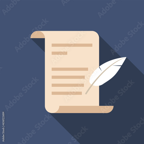 Feather quill pen writing on an old parchment paper scroll flat icon with long shadow. Simple History icon pictogram vector illustration. Letter, poetry, document, certificate, history concept