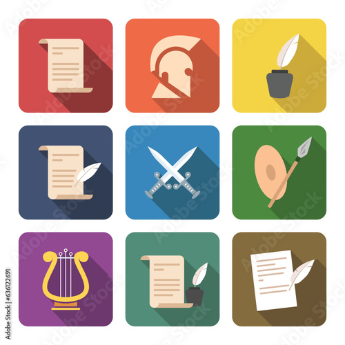 Vector set of History icons flat style with long shadow. Paper scroll, ancient helmet, feather quill pen, prehistoric weapons, crossed swords, lyre, parchment paper vector illustration. Logo design