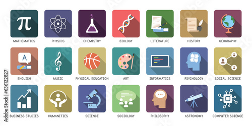 Vector set of school subjects icons flat style with long shadow. Mathematics, Physics, Chemistry, Biology, Literature, History, Geography, Music, Physical Education vector illustration. Logo design