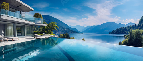  A modern luxury waterfront home with a beautiful view of Lake Como in Italy. Modern architecture with a large pool for a summer getaway vacation for relaxing.