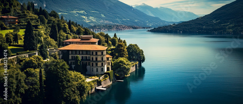 A huge luxury waterfront house with a beautiful view of Lake Como in Italy. Modern architecture with a large pool for a summer getaway vacation for relaxing.