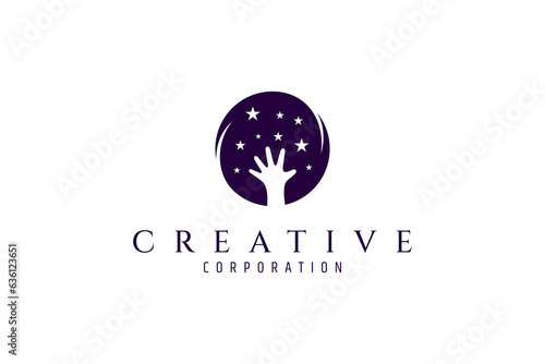 Child hand logo reaching for star in flat design