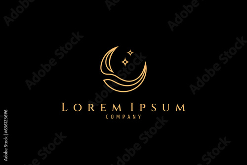 Crescent moon line logo design with decorated star