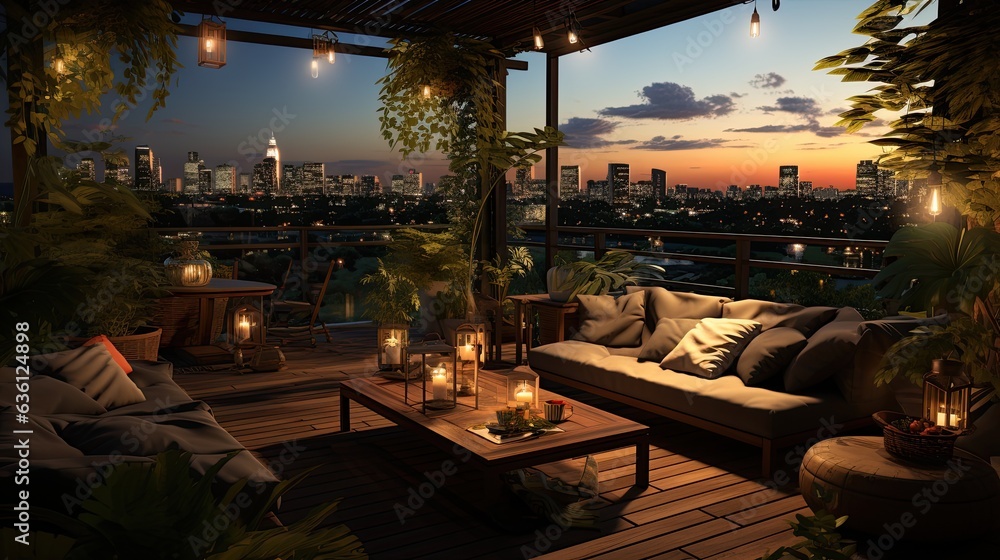 Urban Rooftop Oasis: Lush Greenery & Relaxing Ambiance Generative AI