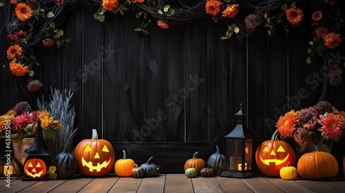 Happy halloweendecoration with pumpkins, leaves and spider web on black background. Autumn holiday concept composition. Top view with copy space photo