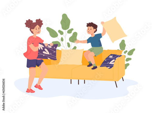 Sister and brother fighting with pillows vector illustration. Pillow fight, boy and girl having fun together at home, lifelong bond between siblings. Family, communication, entertainment concept