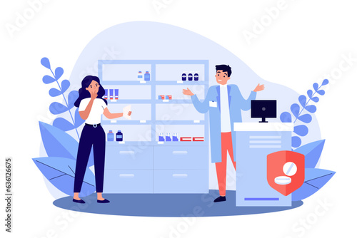 Shortage of prescription pills at pharmacy vector illustration. Cartoon drawing of confused pharmacist and woman with list of medications. Medication, medicine, healthcare, pharmacy concept