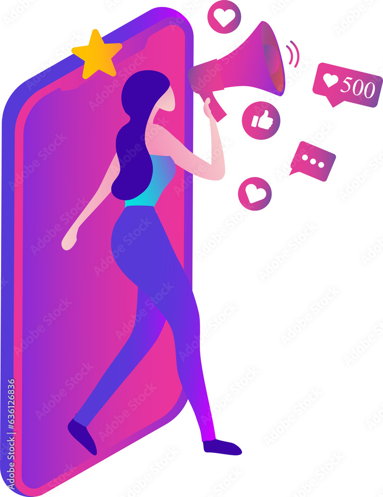 People shouting in loud speaker with social media icons. Influencer social media marketing, blogger, vlogging, social influencer and influencer marketing concept 