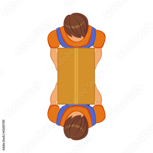 Top view of warehouse. Worker on cargo transport, couriers delivering parcels. Logistics concept. cartoon vector isolated on white background