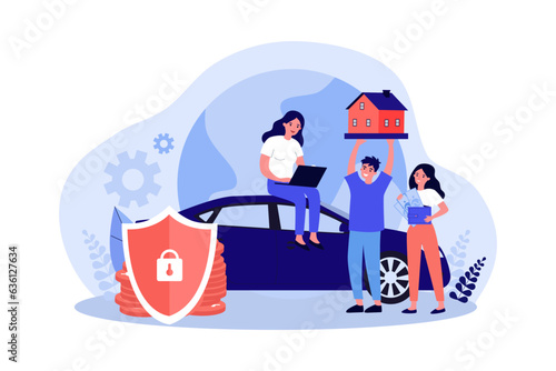 Woman reading insurance policy on laptop vector illustration. People buying or renting house and car, shield protecting finances of customers. Risk management, home and car insurance concept