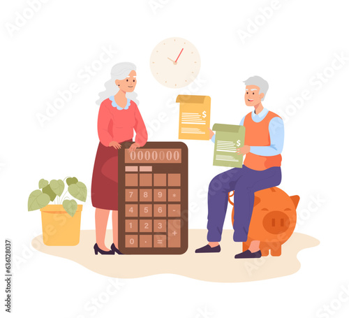 Retirement plan strategy for senior people vector illustration. Happy elders with piggy bank, calculator and contracts managing finances. Financial planning, pension, banking concept