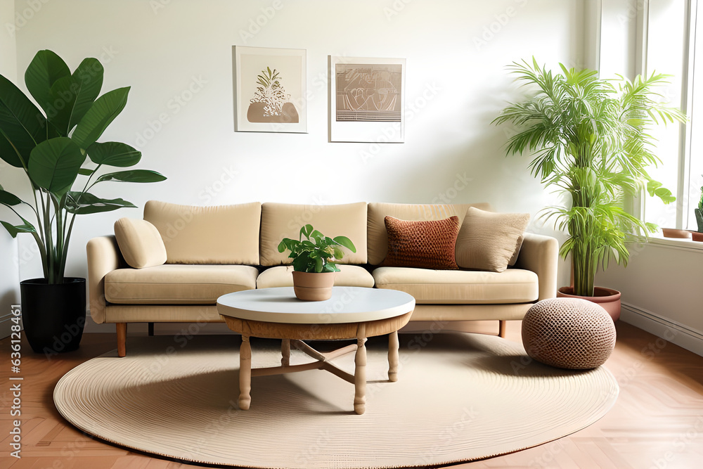 Beige velvet sofa with terra cotta cushions between houseplants. Wooden round coffee table near ottoman on knitted rug. Scandinavian interior design of modern living room Beige velvet sofa with terra cotta cushions between houseplants. Wooden round coffee table near ottoman on knitted rug. Scandinavian interior design of modern living room
