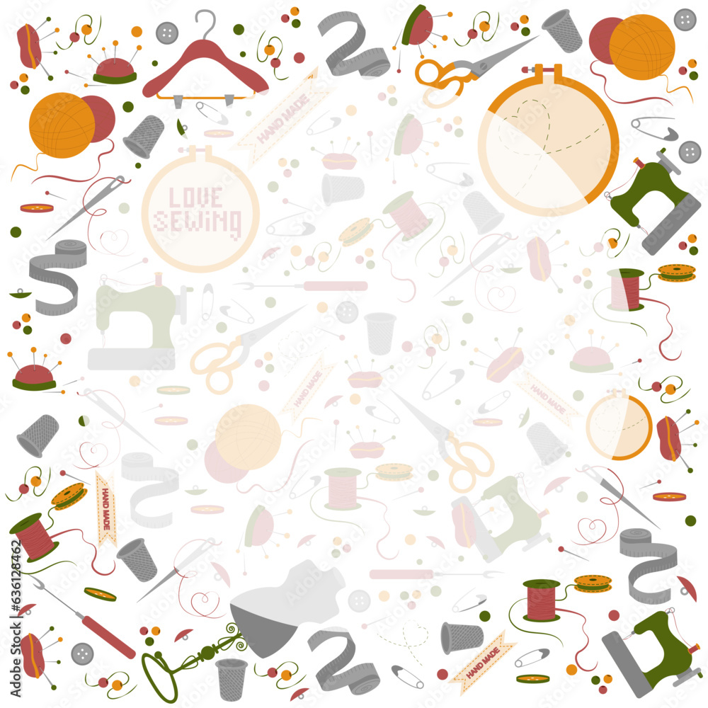 Frame from sewing tools. Sewing kit. Scissors, bobbins with thread and needles. Threads & tools for embroidery. Hand drawn vector illustration Frame from sewing tools. Sewing kit. Scissors, bobbins with thread and needles. Threads & tools for embroidery. Hand drawn vector illustration