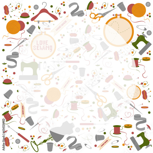 Frame from sewing tools. Sewing kit. Scissors, bobbins with thread and needles. Threads & tools for embroidery. Hand drawn vector illustration