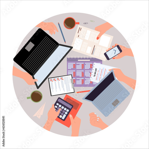 Top view of hands of students or colleagues working on project. Hands of coworkers with laptops, phone, calculator, calendar, to-do list vector illustration. Teamwork, brainstorming concept