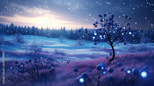 Winter landscape with blue christmas tree and snowflakes