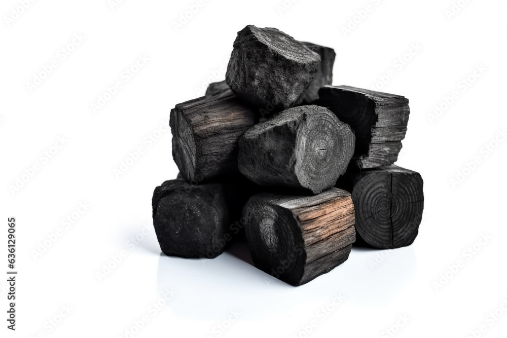 Natural wood charcoal Isolated on white background, traditional charcoal or hard wood charcoal Natural wood charcoal Isolated on white background, traditional charcoal or hard wood charcoal