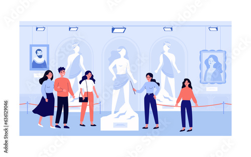 Guide pointing at ancient sculpture vector illustration. Young people visiting art gallery, enjoying paintings on walls and installations. Art exhibition, culture, education concept
