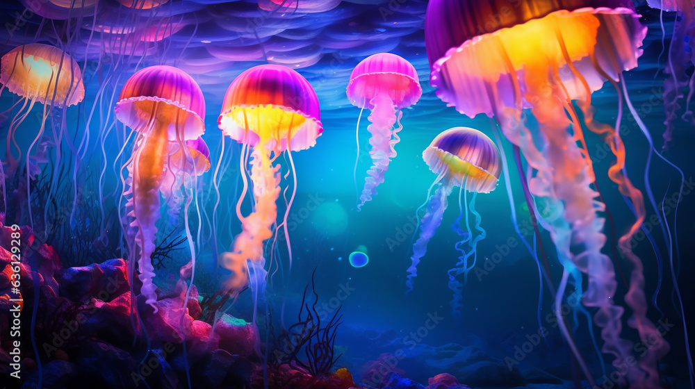 Obraz premium Illustration of jellyfishes in the deep forest at night.