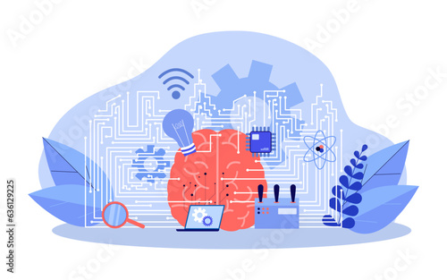 Innovative technology for AI development vector illustration. Cartoon drawing of AI brain with lightbulb, microchip, circuits. Innovation, technology, artificial intelligence, programming concept