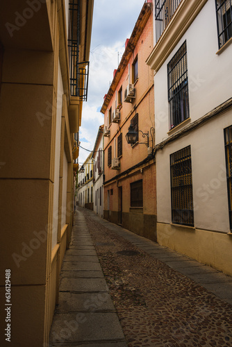 Vertical View of Narrow Cobblestone Street in Cordoba, Andalusia, Spain, Featuring Distinctive Architecture and Window Details © Rodrigo Ojeda