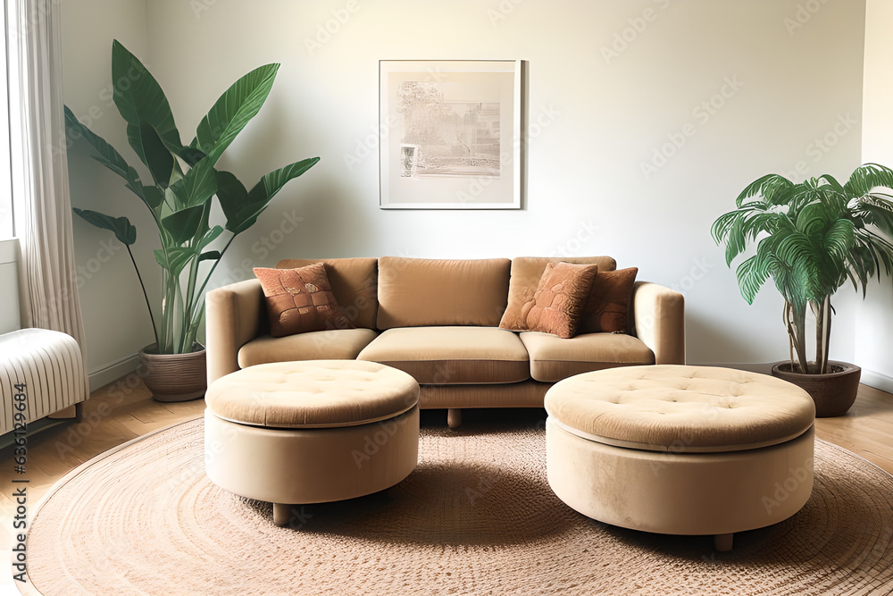 Beige velvet sofa with terra cotta cushions between houseplants. Wooden round coffee table near ottoman on knitted rug with tropical plants. Scandinavian interior design of modern living room. Beige velvet sofa with terra cotta cushions between houseplants. Wooden round coffee table near ottoman on knitted rug with tropical plants. Scandinavian interior design of modern living room.