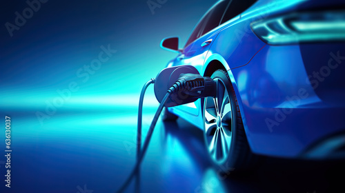 electric car connected to charger on blue background 3D Rendering, 3D Illustration © Ziyan Yang