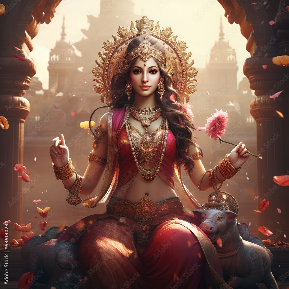 The divine Hindu goddess Lakshmi bringing wealth in the festival of Diwali. Generative Ai. - obrazy, fototapety, plakaty 