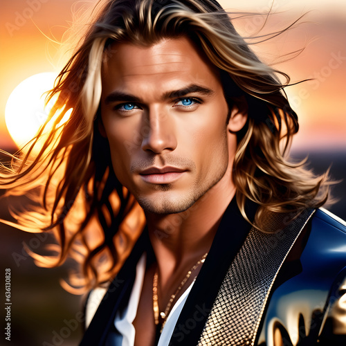 Handsome man with long blond hair and blue eyes