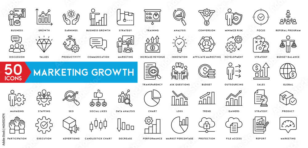 Marketing Growth icon set of web icons in line style. Marketing icons for business. Communication, advertising, ecommerce, seo, content, product, target audience, website, social media and more