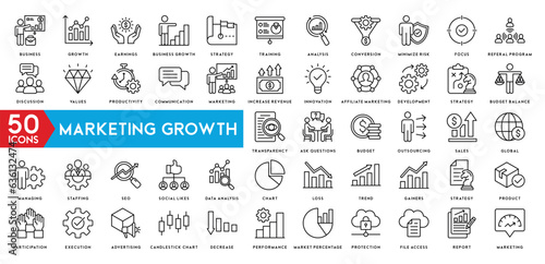 Marketing Growth icon set of web icons in line style. Marketing icons for business. Communication, advertising, ecommerce, seo, content, product, target audience, website, social media and more