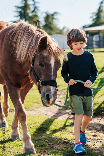 Boy with adhd walking his therapy horse. EAT session. photo