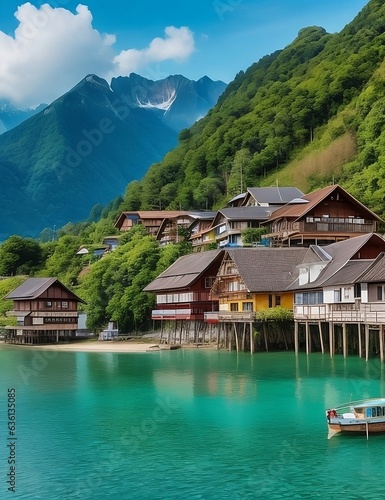 The pretty little town of Borneo in Switzerland has wooden houses lined by the sea and beautiful views of the Alps. © ovinder