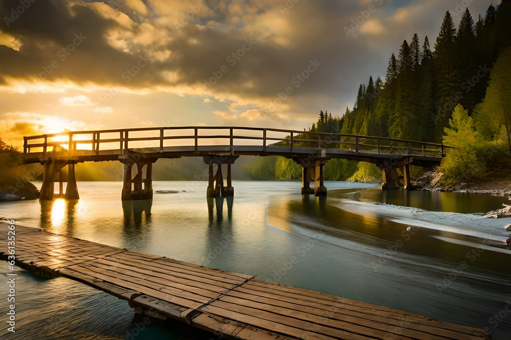 Naklejka premium A serene wooden rope bridge suspended over a rushing river