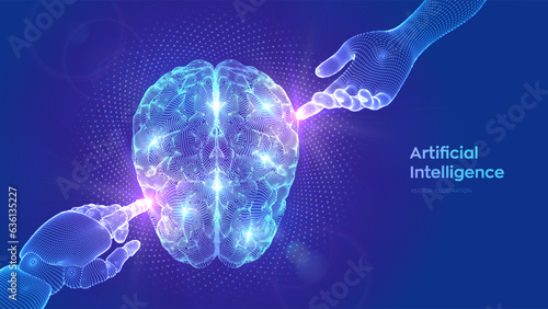 Brain. AI. Artificial Intelligence. Neural network. Hands of Robot and Human touching digital brain with binary code. IQ testing. Machine learning science and technology concept. Vector illustration.
