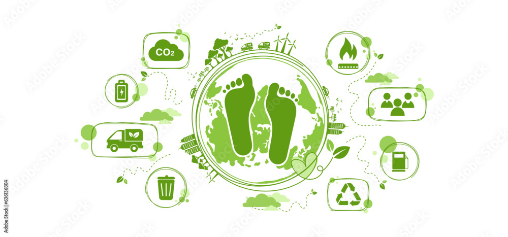 Carbon footprint concept with icon and infographic, measure huge foot, the impact of carbon pollution, Co2 emission in environment, carbon dioxide effect on planet ecosystem. Vector illustration. Carbon footprint concept with icon and infographic, measure huge foot, the impact of carbon pollution, Co2 emission in environment, carbon dioxide effect on planet ecosystem. Vector illustration.