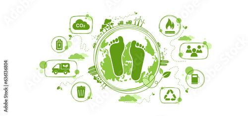 Carbon footprint concept with icon and infographic, measure huge foot, the impact of carbon pollution, Co2 emission in environment, carbon dioxide effect on planet ecosystem. Vector illustration.	 photo